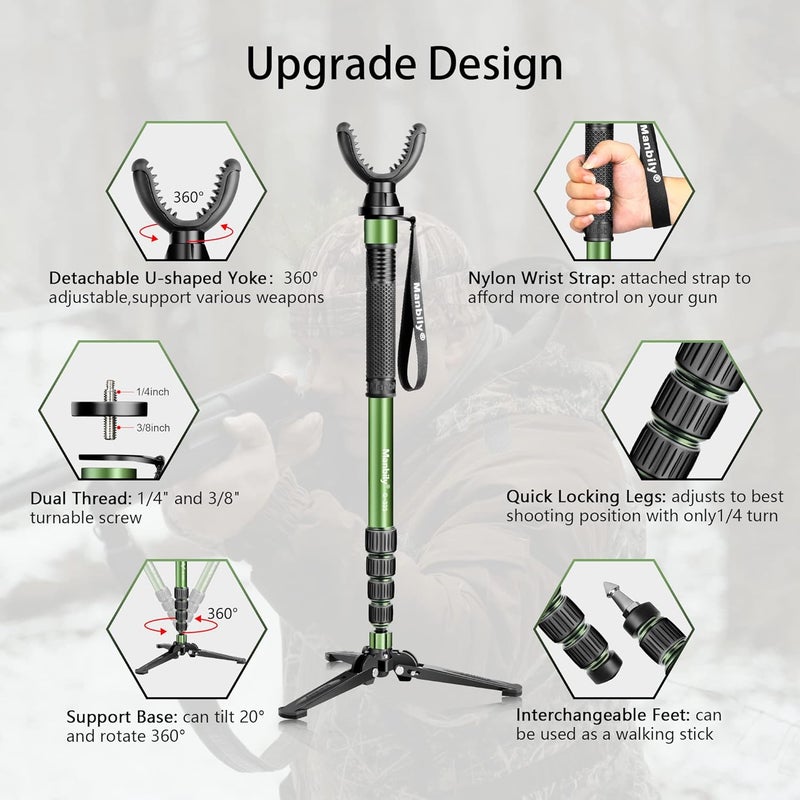 Manbily Shooting Stick Monopod with Tri-Stand Tripod Base, with Rotating and Removeable U-Shaped Yoke for Hunting, Shooting, and Outdoors-Green (G-333) - Image 3